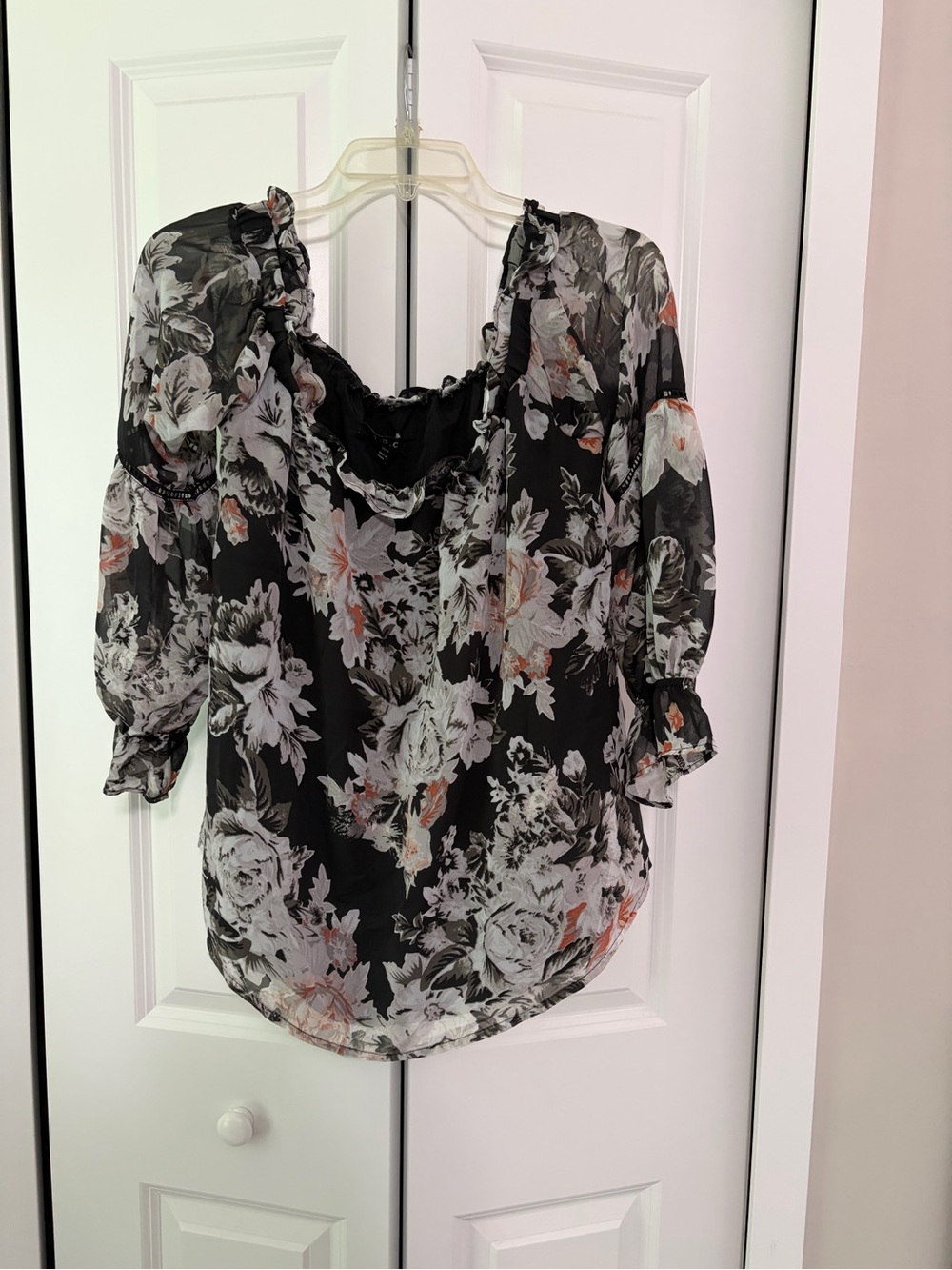 T.D.C Pull Over Blouse Size Large Black with Floral Print Bell Sleeves